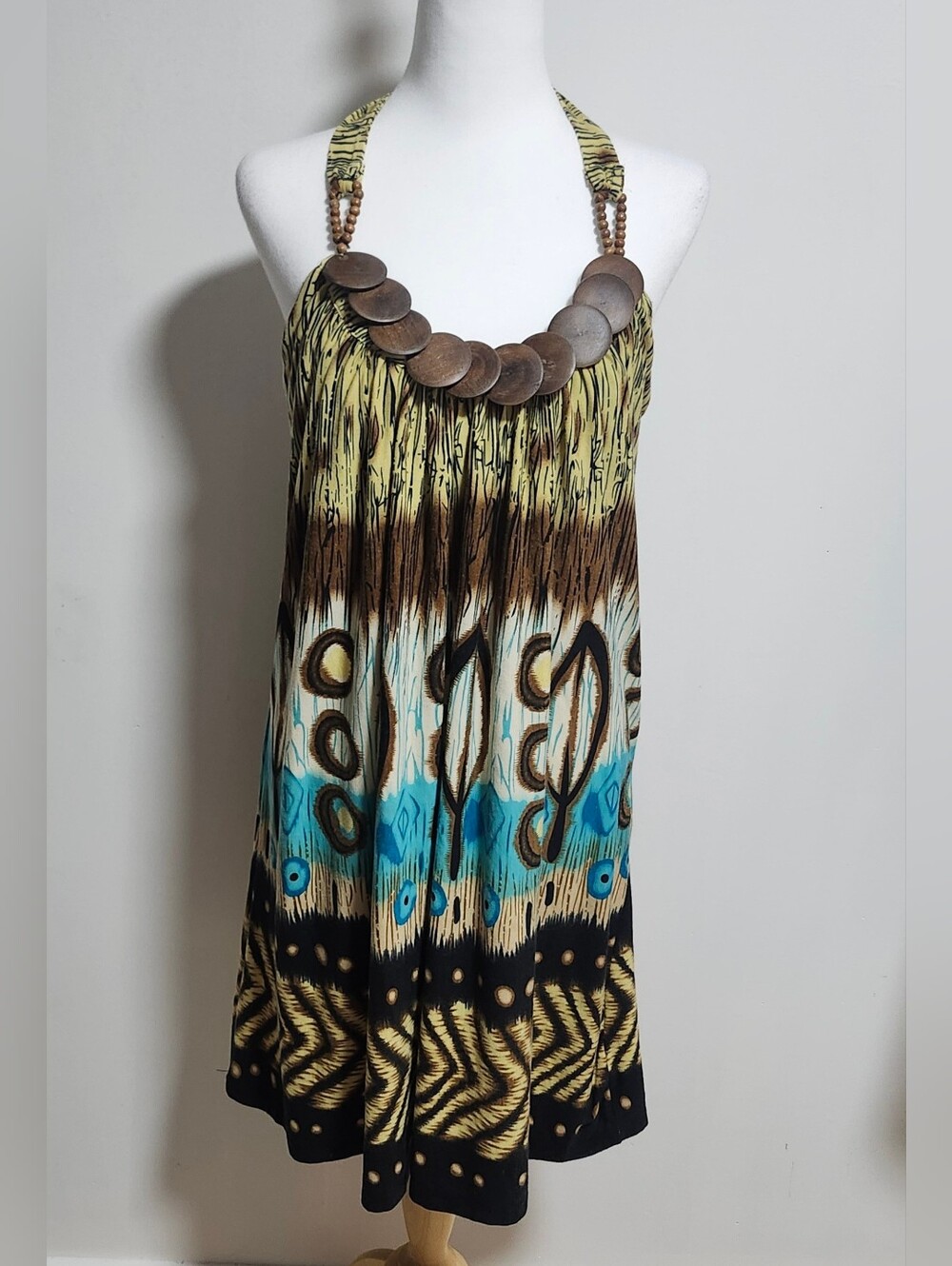 Vintage Rachel & Chloe Boho Halter Dress in Teal, Brown & Black